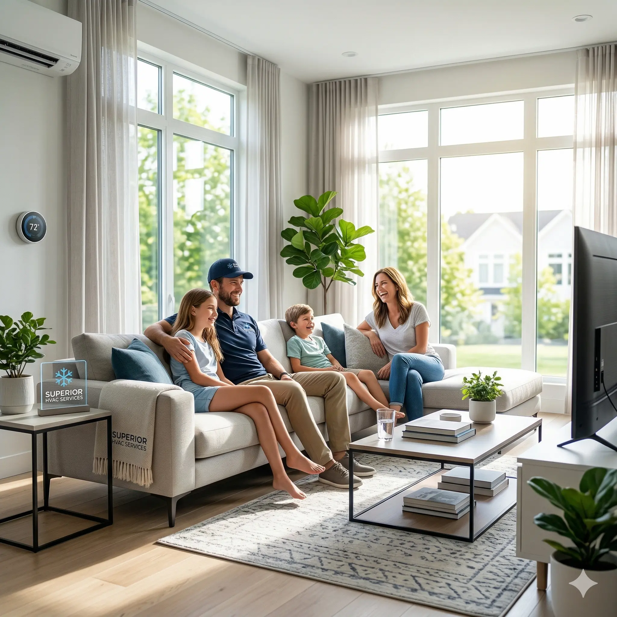 Comfortable family in cool living room
